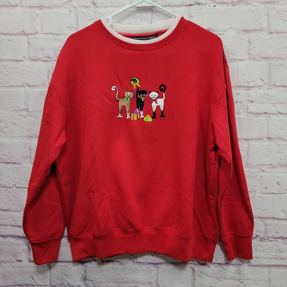 VTG Bobbie Brooks Christmas Cat Sweatshirt L Embroidered Cottagecore Cozy Retro